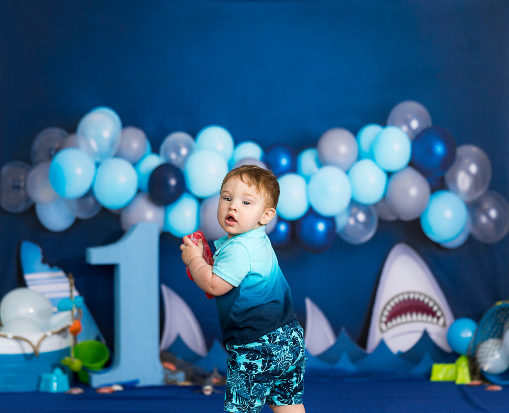 A Party For Jaws - Lilly Bear Studio Props, baby shark, baby shark balloon, blue balloon, blue balloon garland, blue balloon wall, blue balloons, Fabric, jaws, ocean, shark, shark baby, shark girl, sharks, sharky, Wrinkle Free Fabric