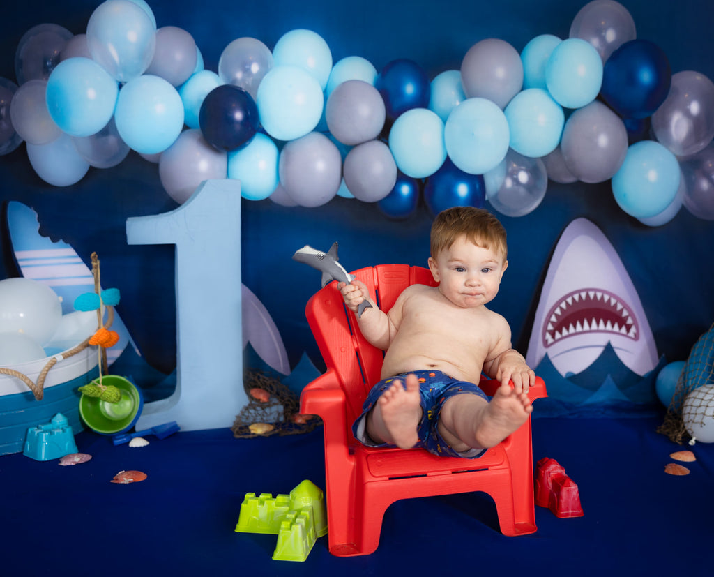 A Party For Jaws - Lilly Bear Studio Props, baby shark, baby shark balloon, blue balloon, blue balloon garland, blue balloon wall, blue balloons, Fabric, jaws, ocean, shark, shark baby, shark girl, sharks, sharky, Wrinkle Free Fabric