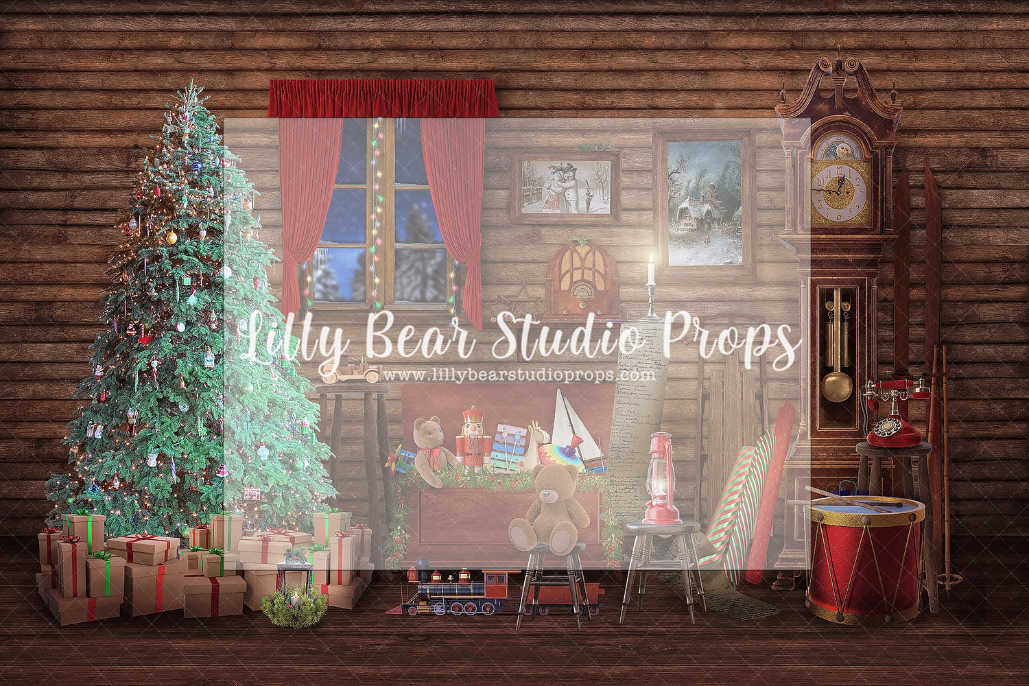 Santa's Cabin with Toy Box - Lilly Bear Studio Props, christmas, Cozy, Decorated, Festive, Giving, Holiday, Holy, Hopeful, Joyful, Merry, Peaceful, Peacful, Red & Green, Seasonal, Winter, Xmas, Yuletide