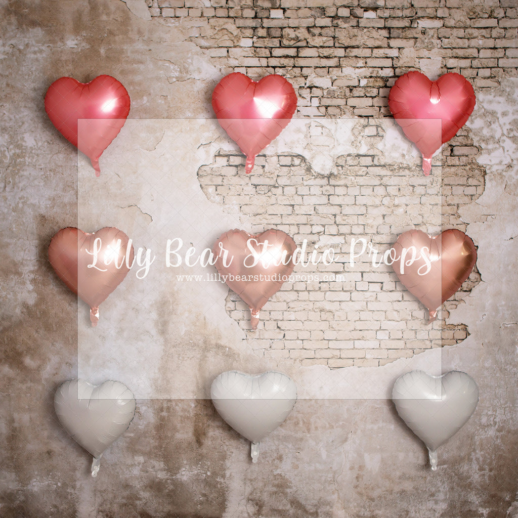 Parisian Heart Wall - Lilly Bear Studio Props, heart balloon, heart balloons, heart brick, heart love, heart pattern, pink brick heart wall, pink heart wall, valentines heart balloon