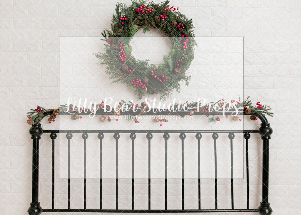 Parker's Bed - Lilly Bear Studio Props, bed frame, berries, brick wall, christmas bed, christmas bed berries, christmas bed frame, christmas berries, christmas wreath, christmas wreath and berries, FABRICS, white brick wall, wreath