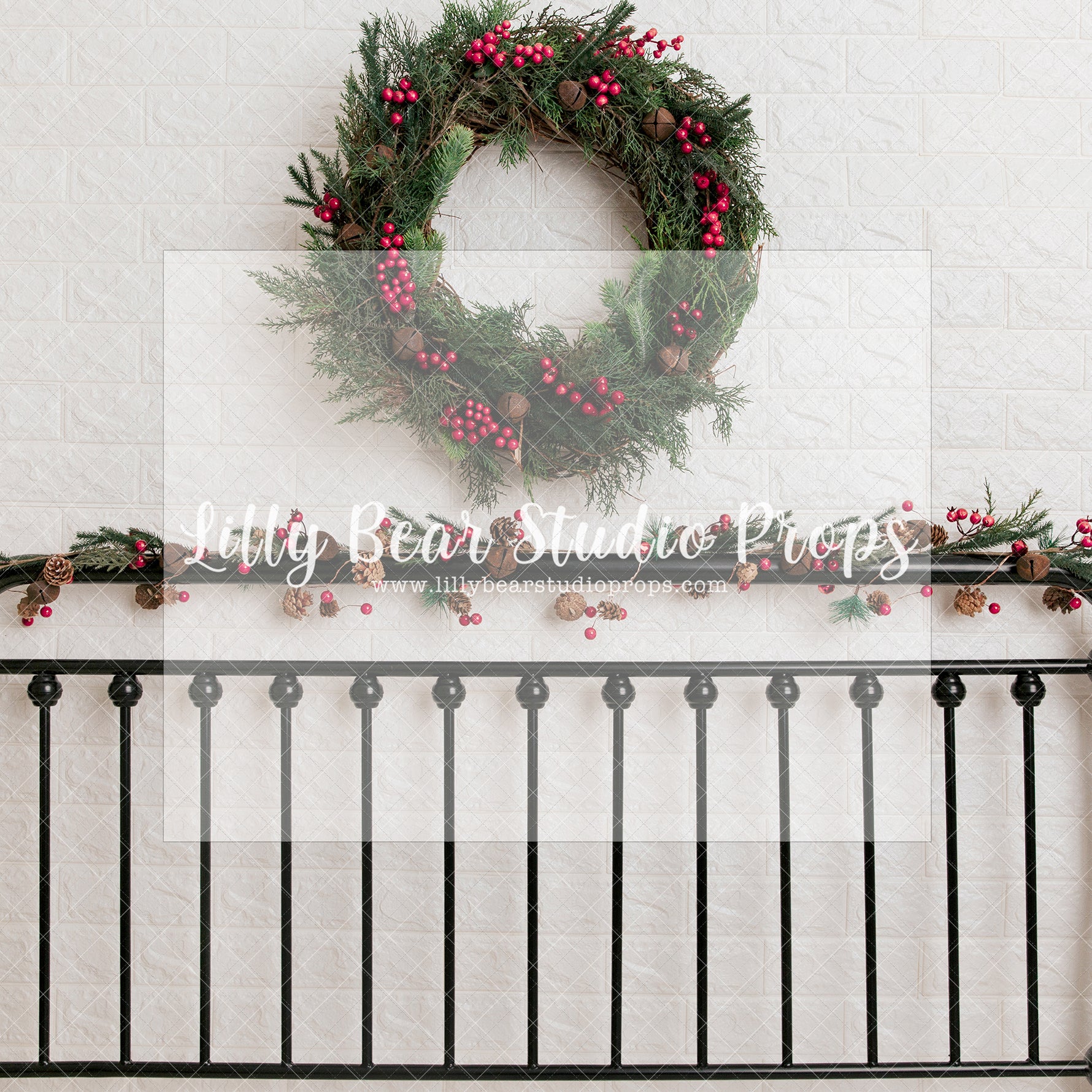 Parker's Bed - Lilly Bear Studio Props, bed frame, berries, brick wall, christmas bed, christmas bed berries, christmas bed frame, christmas berries, christmas wreath, christmas wreath and berries, FABRICS, white brick wall, wreath