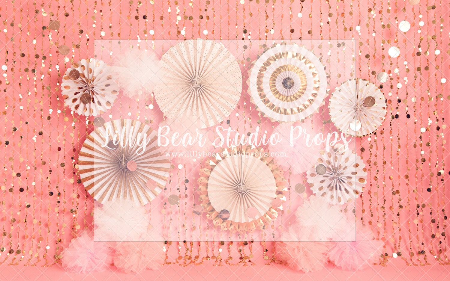 Party Fans - Lilly Bear Studio Props, birthday girl, confetti, gold beaded curtains, gold confetti, gold glitter beads, gold one, one, paper fans, party fans, pink, pink birthday, pink fans, tassles
