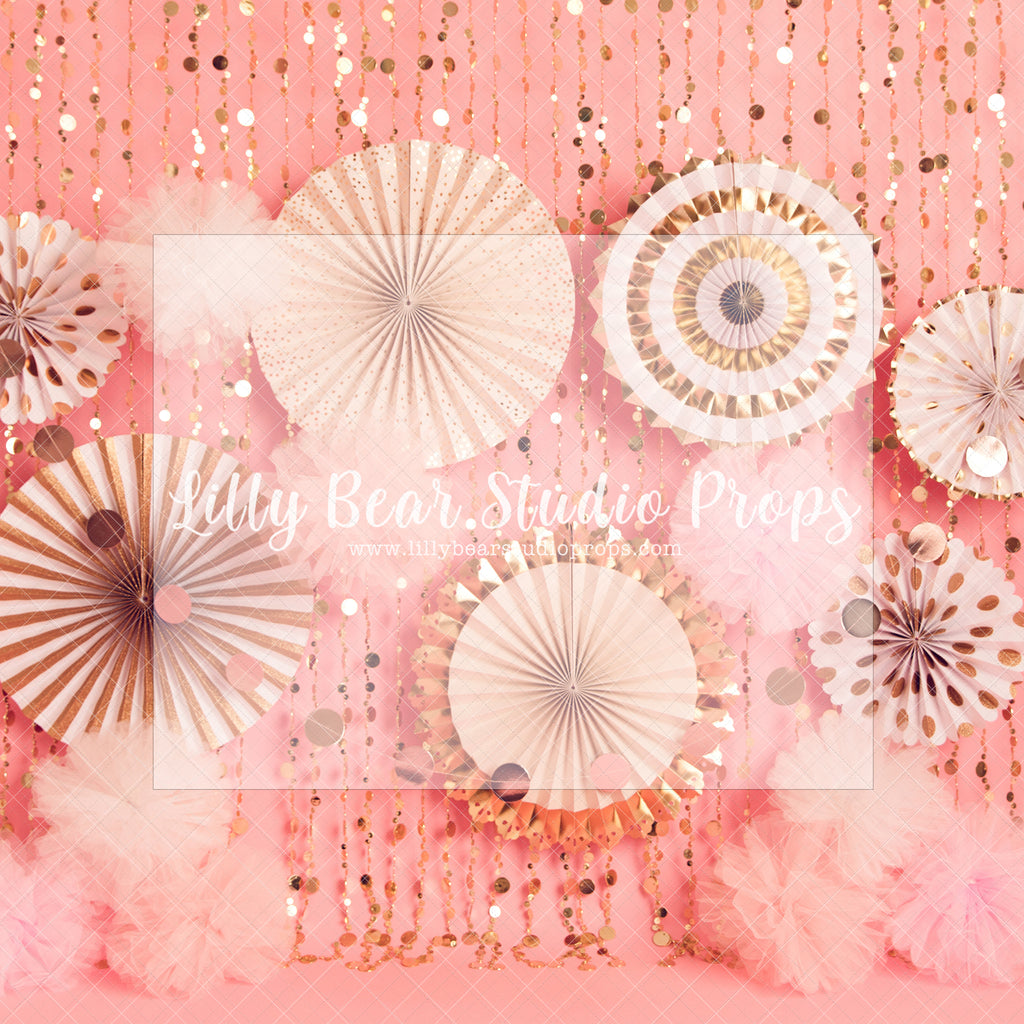 Party Fans - Lilly Bear Studio Props, birthday girl, confetti, gold beaded curtains, gold confetti, gold glitter beads, gold one, one, paper fans, party fans, pink, pink birthday, pink fans, tassles