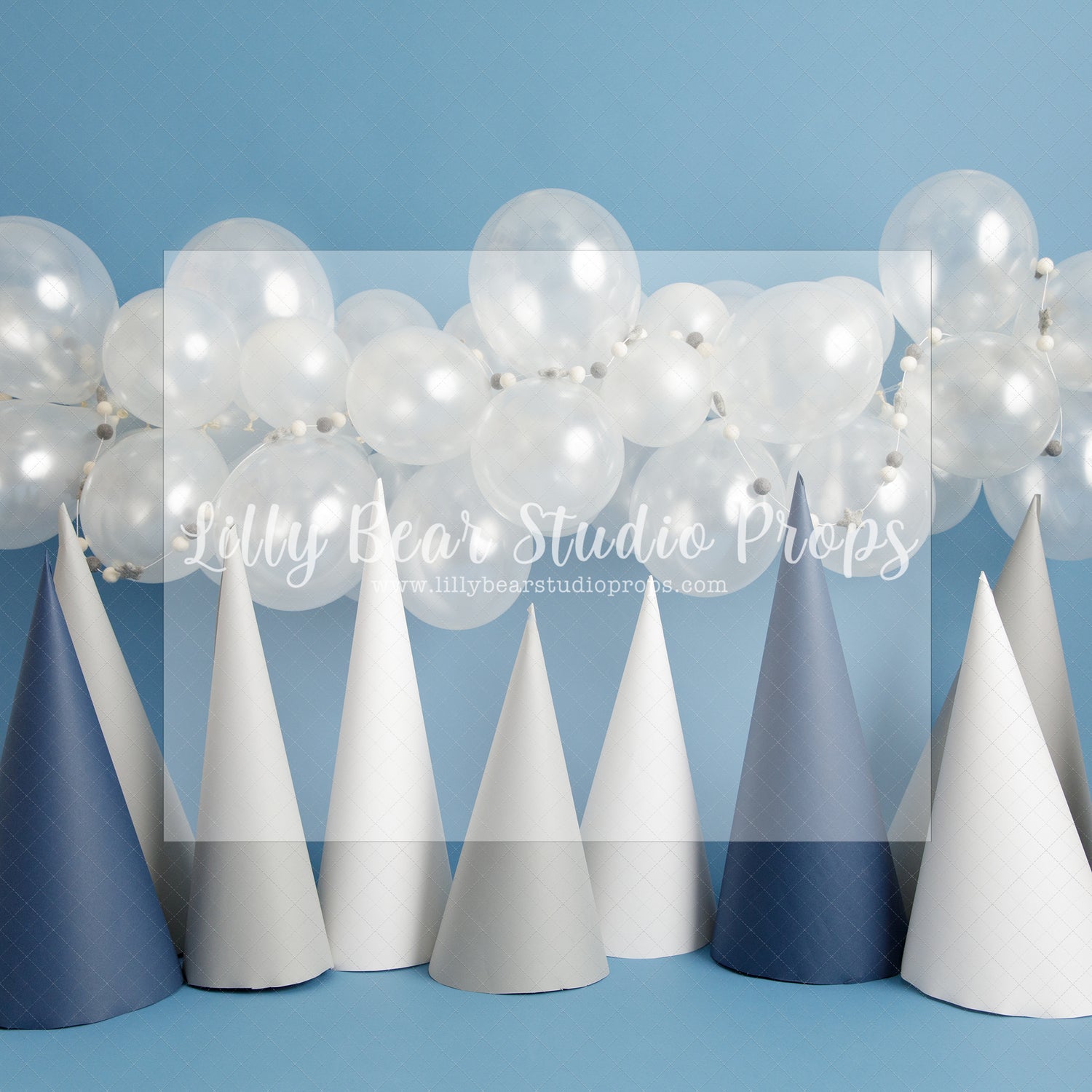 Party Hats - Lilly Bear Studio Props, balloon, balloon arch, balloon garland, blue, blue balloon, blue balloon garland, blue balloons, chrome balloon, metallic balloon, snow, snowy forest, snowy peaks, snowy trees, winter one derland, winter onederland