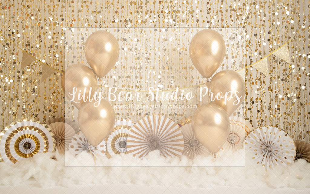 Party Fan In The Sky - Lilly Bear Studio Props, birthday, birthday fans, blue, blue fan, gold balloons, gold beaded curtains, gold confetti, gold fans, gold glitter beads, gold one, ONE, one birthday, paper fans, tassles