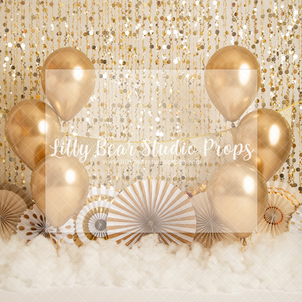 Party Fan In The Sky - Lilly Bear Studio Props, birthday, birthday fans, blue, blue fan, gold balloons, gold beaded curtains, gold confetti, gold fans, gold glitter beads, gold one, ONE, one birthday, paper fans, tassles