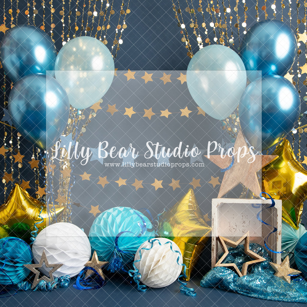 Party Time - Lilly Bear Studio Props, all stars, balloons, beads, birthday, blue, blue and gold, blue and gold balloons, blue balloons, boy birthday, chandelier, crystal beads, gold stars, gold tassles, navy, one, royal, royal gold beads, royalty, star balloon, star balloons, tassles