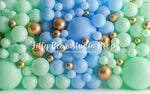 Pastel Blue, Green & Gold Balloon Wall - Lilly Bear Studio Props, balloon, balloon wall, blue, blue balloon garland, blue balloons, blue green, cake smash, gold balloons, green balloons, white balloons