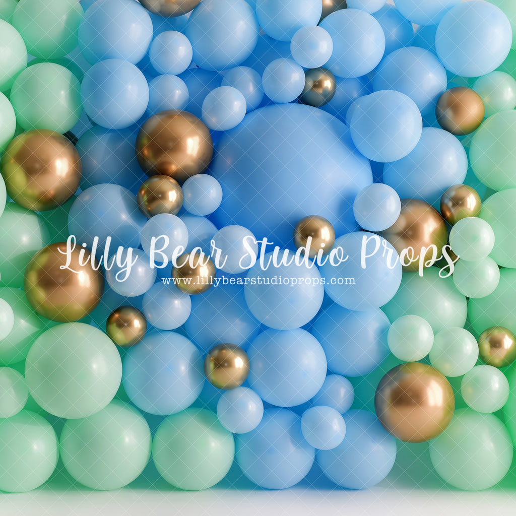 Pastel Blue, Green & Gold Balloon Wall - Lilly Bear Studio Props, balloon, balloon wall, blue, blue balloon garland, blue balloons, blue green, cake smash, gold balloons, green balloons, white balloons