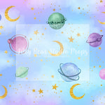 Pastel Planets - Lilly Bear Studio Props, blue, clouds, colours, dr.seuss, Fabric, FABRICS, galaxy, galaxy sky, galaxy space, girl balloons, gold, gold moon, gold moon and stars, gold stars, hot air balloons, outerspace, purple and blue, sky, stars, up and away, Wrinkle Free Fabric