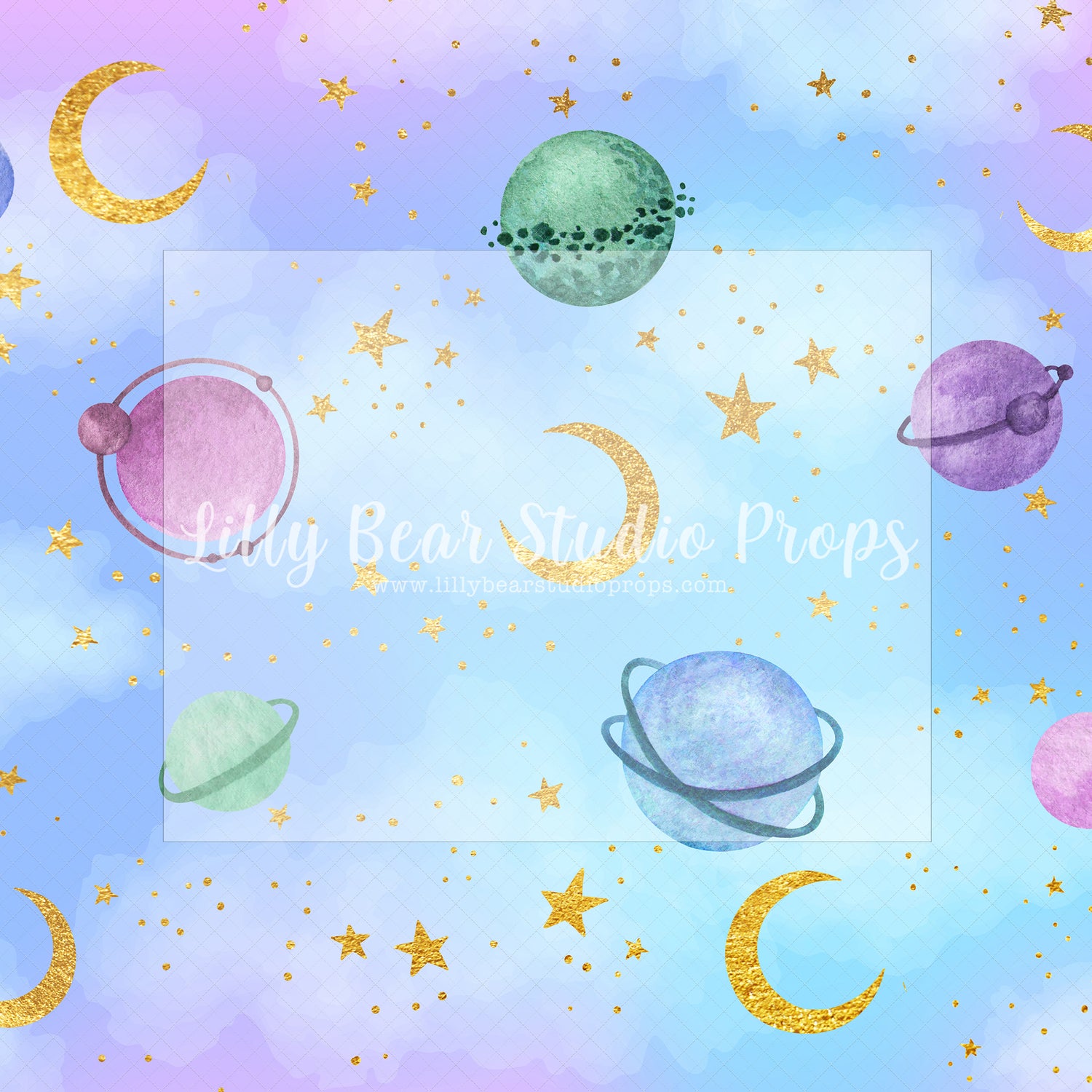 Pastel Planets - Lilly Bear Studio Props, blue, clouds, colours, dr.seuss, Fabric, FABRICS, galaxy, galaxy sky, galaxy space, girl balloons, gold, gold moon, gold moon and stars, gold stars, hot air balloons, outerspace, purple and blue, sky, stars, up and away, Wrinkle Free Fabric