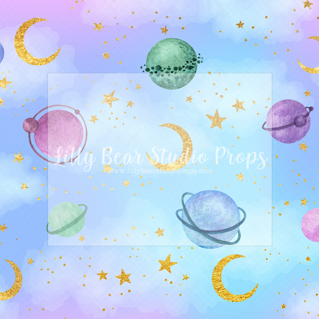 Pastel Planets - Lilly Bear Studio Props, blue, clouds, colours, dr.seuss, Fabric, FABRICS, galaxy, galaxy sky, galaxy space, girl balloons, gold, gold moon, gold moon and stars, gold stars, hot air balloons, outerspace, purple and blue, sky, stars, up and away, Wrinkle Free Fabric