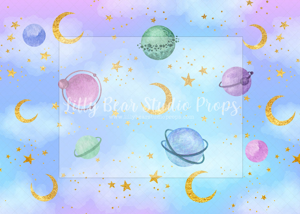 Pastel Planets - Lilly Bear Studio Props, blue, clouds, colours, dr.seuss, Fabric, FABRICS, galaxy, galaxy sky, galaxy space, girl balloons, gold, gold moon, gold moon and stars, gold stars, hot air balloons, outerspace, purple and blue, sky, stars, up and away, Wrinkle Free Fabric