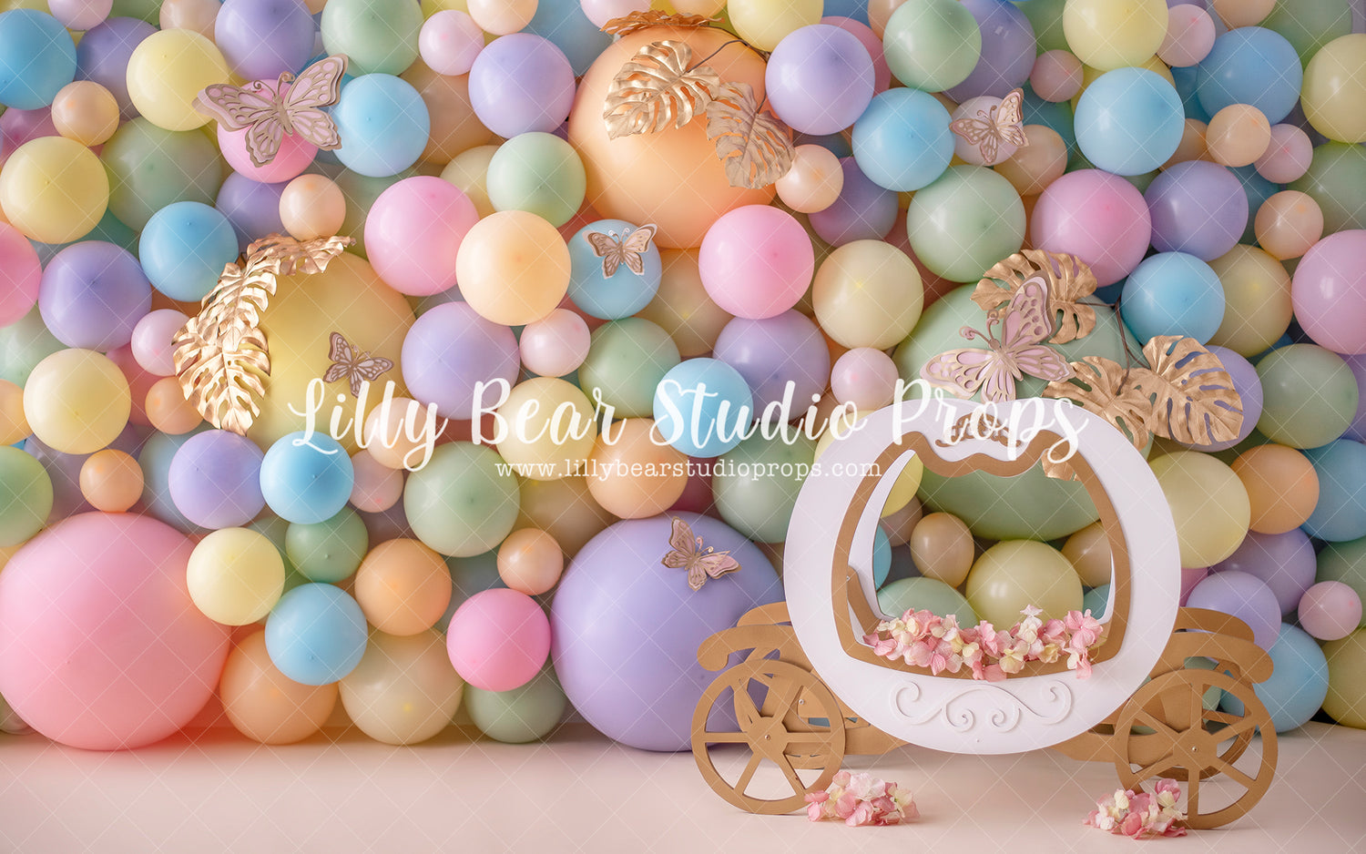 Pastel Princess Carriage - Lilly Bear Studio Props, bunnies, butterflies, butterfly, butterfly balloons, butterfly colours, butterfly flowers, cake smash, carriage, gold, gold butterflies, gold leaves, gold palms, leaves, pastel, pastel balloon wall, pastel balloons, pastel blue, pastel green, pastel orange, pastel pink, pastel purple, pastel rainbow, pastel wall, pastel yellow, princess, princess carriage, princess wall