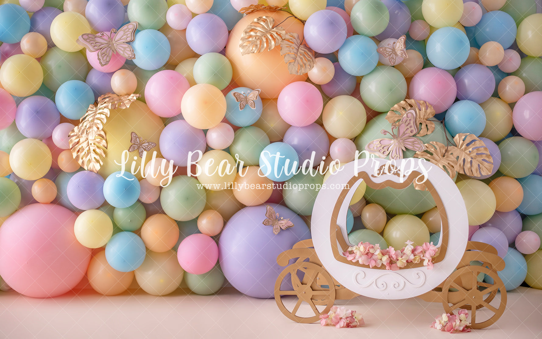 Pastel Princess Carriage - Lilly Bear Studio Props, bunnies, butterflies, butterfly, butterfly balloons, butterfly colours, butterfly flowers, cake smash, carriage, gold, gold butterflies, gold leaves, gold palms, leaves, pastel, pastel balloon wall, pastel balloons, pastel blue, pastel green, pastel orange, pastel pink, pastel purple, pastel rainbow, pastel wall, pastel yellow, princess, princess carriage, princess wall