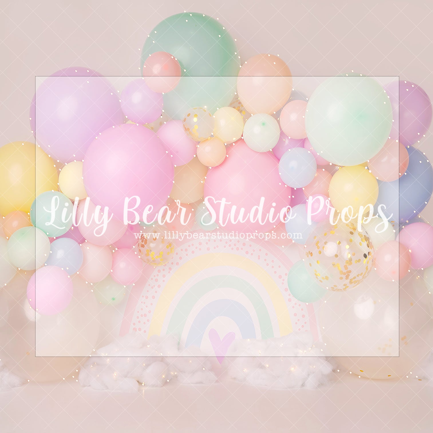Pastel Shimmer Rainbow Balloon Garland - Lilly Bear Studio Props, balloon, balloon arch, balloon rainbow, boho pastel rainbow, cloud, cloud rainbow, clouds, colourful rainbow, colours of the rainbow, pastel, pastel balloon garland, pastel balloon wall, pastel balloons, pastel blue, pastel rainbow, purple pastel balloons, rainbow cloud, raining rainbow