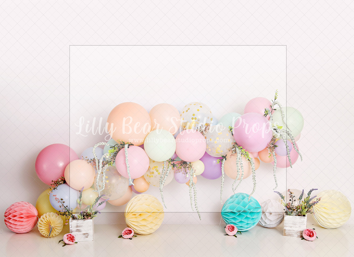 Pastel Spring Balloon Garland - Lilly Bear Studio Props, FABRICS, flower barn doors, flower garden, flower ladder, flower stand, fresh flowers, garden, pastel balloon garland, pastel flowers, spanish moss, spring, spring garden, spring mini, spring time, springtime, sprintime, tulips
