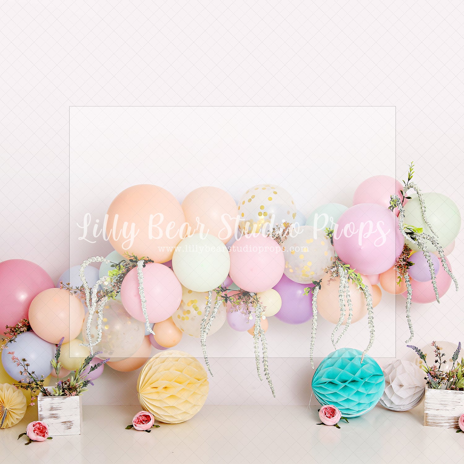 Pastel Spring Balloon Garland - Lilly Bear Studio Props, FABRICS, flower barn doors, flower garden, flower ladder, flower stand, fresh flowers, garden, pastel balloon garland, pastel flowers, spanish moss, spring, spring garden, spring mini, spring time, springtime, sprintime, tulips