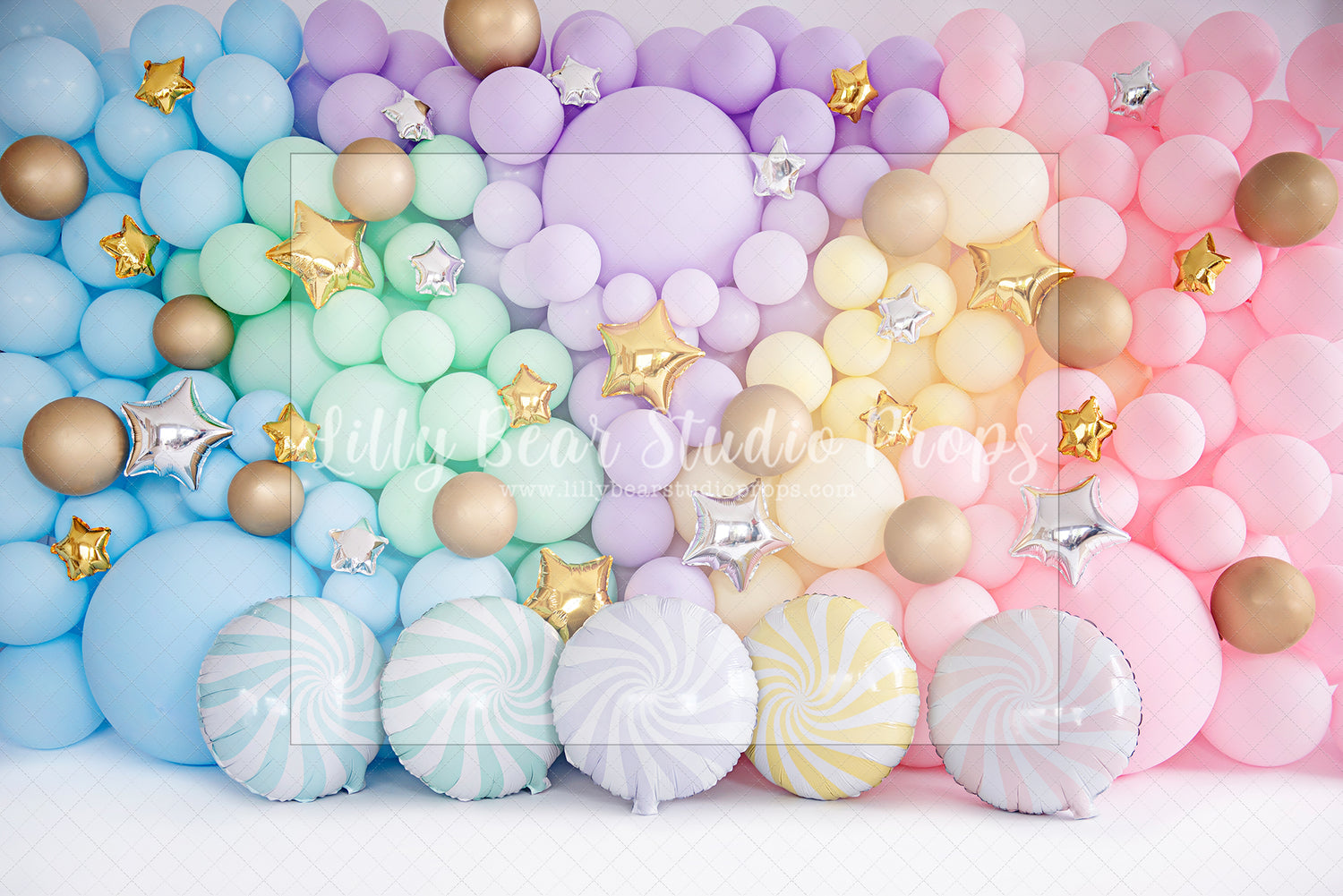 Pastel Wall Candy - Lilly Bear Studio Props, balloon rainbow, cake smash, colours of the rainbow, floral balloon wall, floral balloons, gold stars, over the rainbow, pastel, pastel balloon wall, pastel balloons, pastel blue, pastel green, pastel orange, pastel pink, pastel purple, pastel rainbow, pastel wall, pastel yellow, rainbow, rainbow balloon, rainbow balloons, rainbow garland, silver stars, spring floral balloons, stars, stars clouds