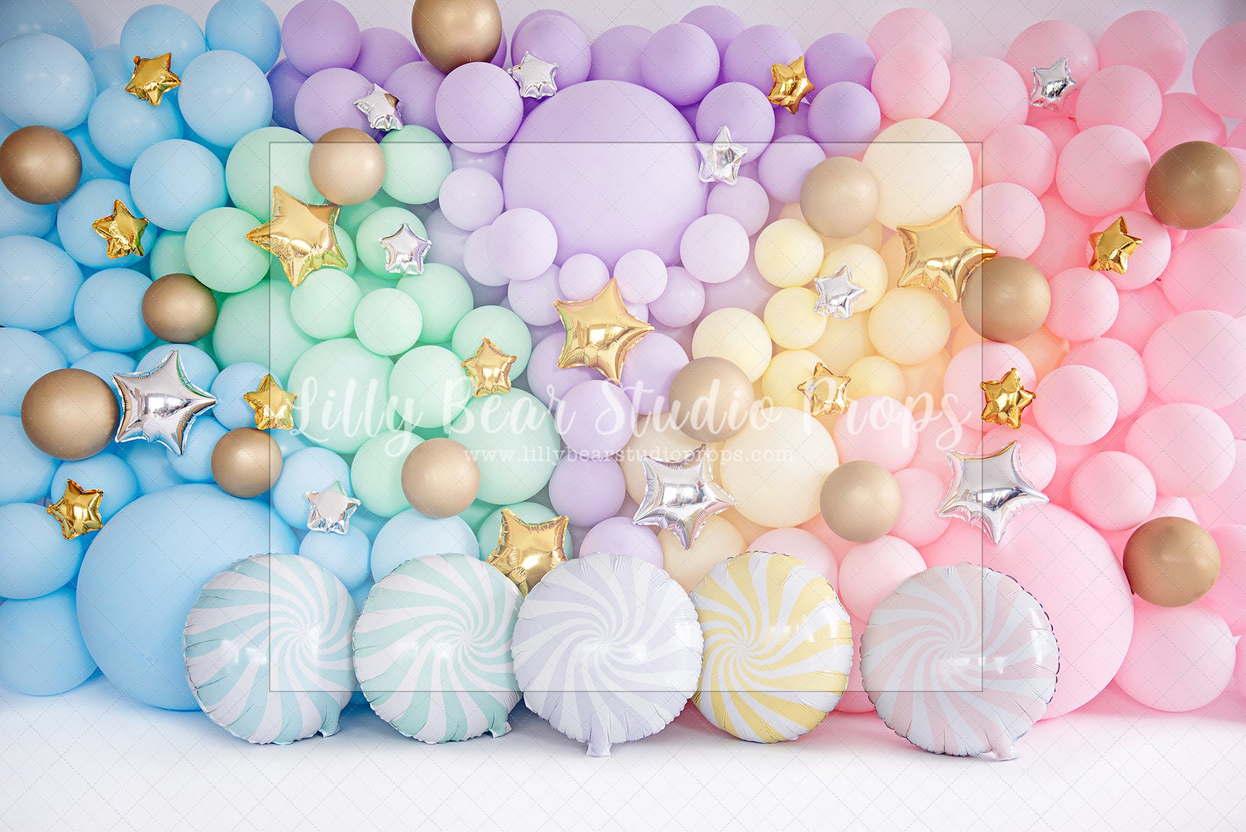 Pastel Wall Candy - Lilly Bear Studio Props, balloon rainbow, cake smash, colours of the rainbow, floral balloon wall, floral balloons, gold stars, over the rainbow, pastel, pastel balloon wall, pastel balloons, pastel blue, pastel green, pastel orange, pastel pink, pastel purple, pastel rainbow, pastel wall, pastel yellow, rainbow, rainbow balloon, rainbow balloons, rainbow garland, silver stars, spring floral balloons, stars, stars clouds
