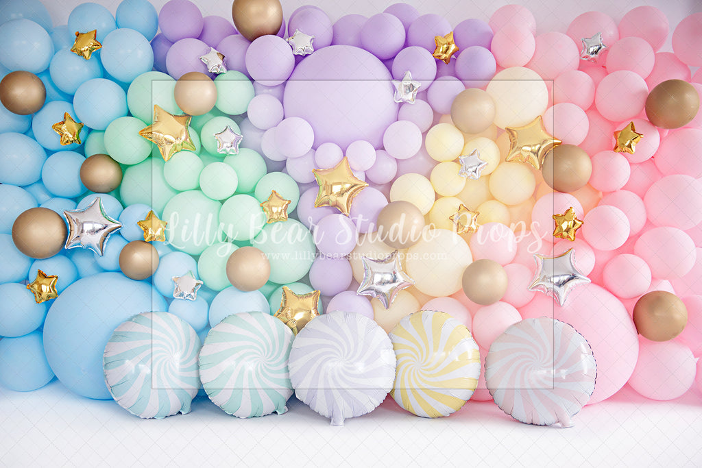 Pastel Wall Candy - Lilly Bear Studio Props, balloon rainbow, cake smash, colours of the rainbow, floral balloon wall, floral balloons, gold stars, over the rainbow, pastel, pastel balloon wall, pastel balloons, pastel blue, pastel green, pastel orange, pastel pink, pastel purple, pastel rainbow, pastel wall, pastel yellow, rainbow, rainbow balloon, rainbow balloons, rainbow garland, silver stars, spring floral balloons, stars, stars clouds