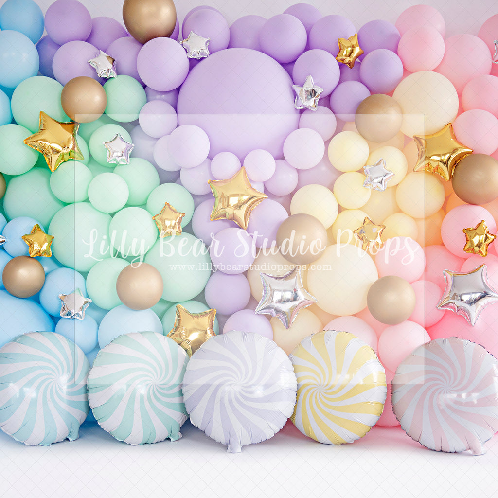 Pastel Wall Candy - Lilly Bear Studio Props, balloon rainbow, cake smash, colours of the rainbow, floral balloon wall, floral balloons, gold stars, over the rainbow, pastel, pastel balloon wall, pastel balloons, pastel blue, pastel green, pastel orange, pastel pink, pastel purple, pastel rainbow, pastel wall, pastel yellow, rainbow, rainbow balloon, rainbow balloons, rainbow garland, silver stars, spring floral balloons, stars, stars clouds