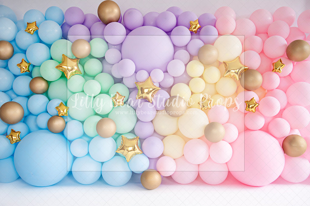 Pastel Wall Golden Stars - Lilly Bear Studio Props, balloon rainbow, cake smash, colours of the rainbow, floral balloon wall, floral balloons, gold stars, over the rainbow, pastel, pastel balloon wall, pastel balloons, pastel blue, pastel green, pastel orange, pastel pink, pastel purple, pastel rainbow, pastel wall, pastel yellow, rainbow, rainbow balloon, rainbow balloons, rainbow garland, silver stars, spring floral balloons, stars, stars clouds