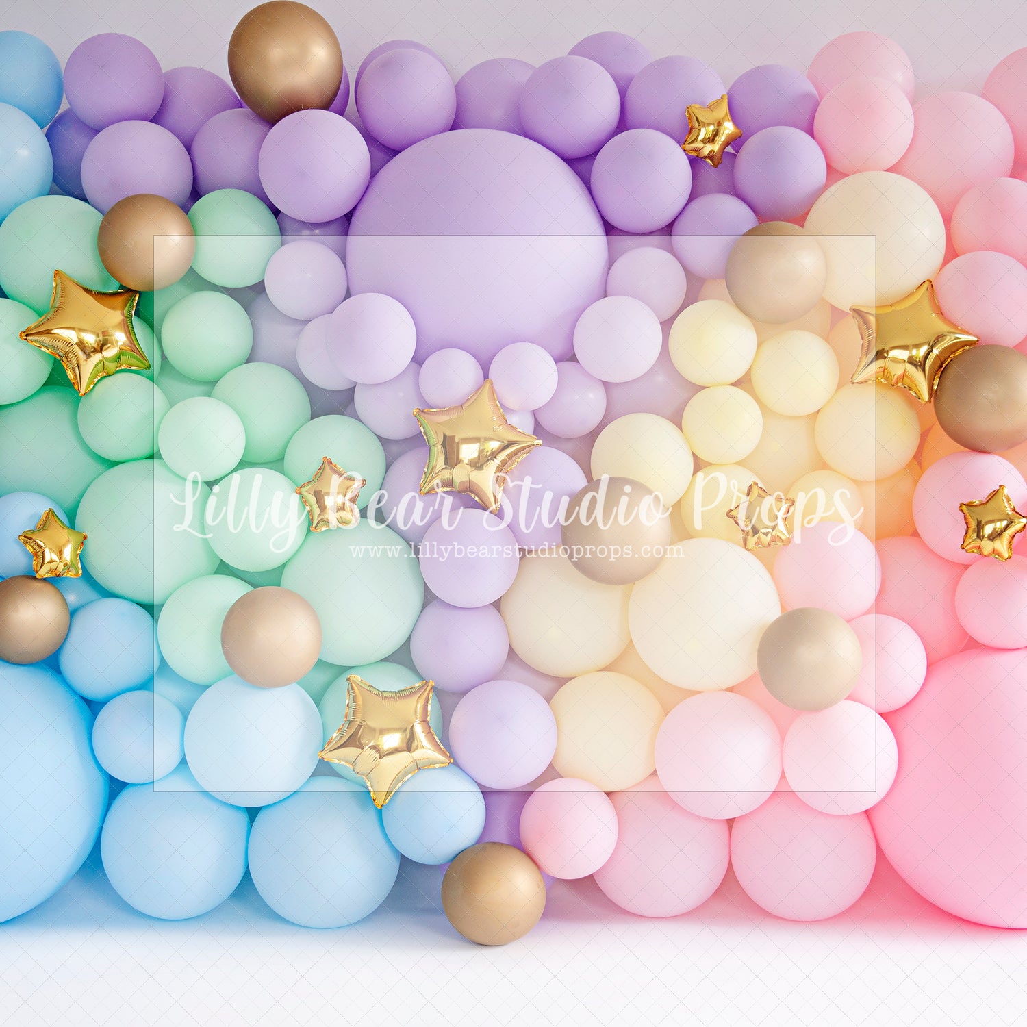Pastel Wall Golden Stars - Lilly Bear Studio Props, balloon rainbow, cake smash, colours of the rainbow, floral balloon wall, floral balloons, gold stars, over the rainbow, pastel, pastel balloon wall, pastel balloons, pastel blue, pastel green, pastel orange, pastel pink, pastel purple, pastel rainbow, pastel wall, pastel yellow, rainbow, rainbow balloon, rainbow balloons, rainbow garland, silver stars, spring floral balloons, stars, stars clouds