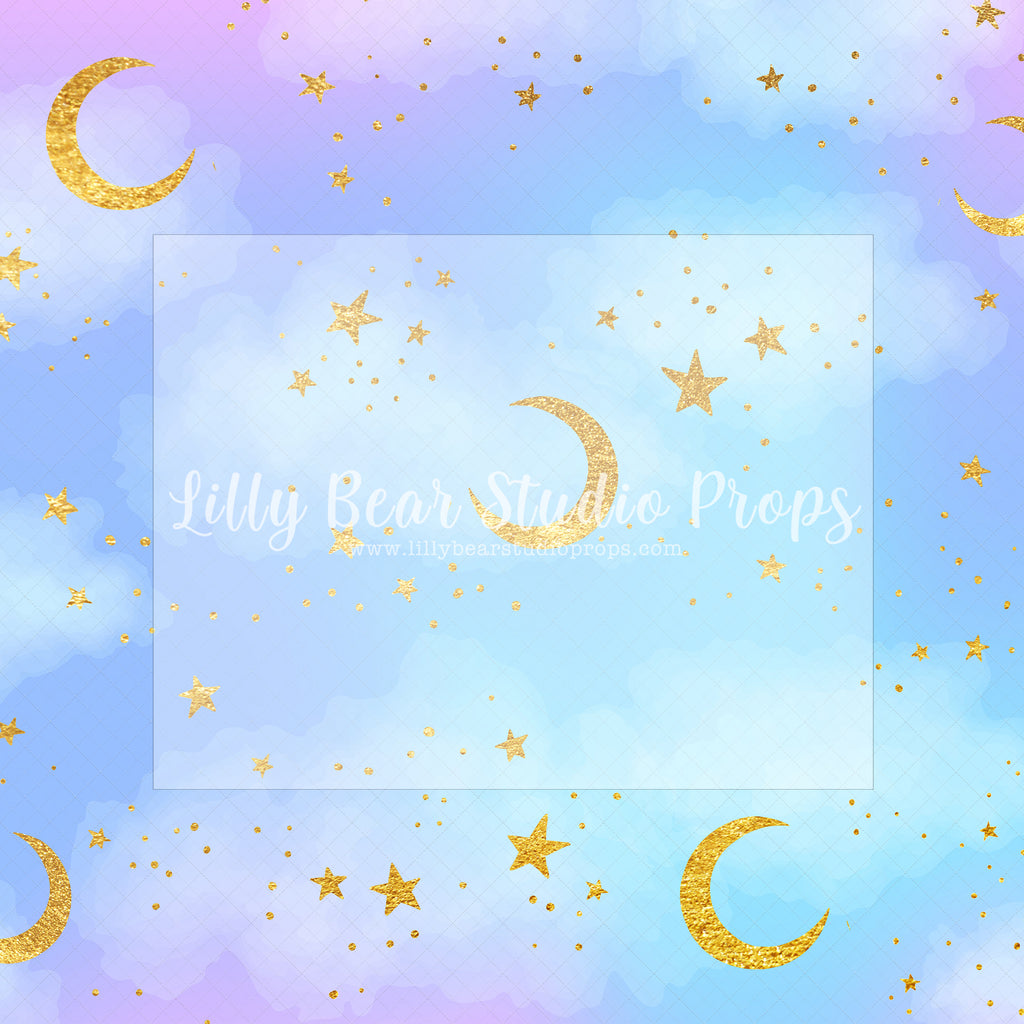 Pastel & Gold Starry Sky - Lilly Bear Studio Props, blue, clouds, colours, dr.seuss, Fabric, FABRICS, galaxy, galaxy sky, galaxy space, girl balloons, gold, gold moon, gold moon and stars, gold stars, hot air balloons, outerspace, purple and blue, sky, stars, up and away, Wrinkle Free Fabric