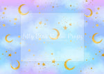 Pastel & Gold Starry Sky - Lilly Bear Studio Props, blue, clouds, colours, dr.seuss, Fabric, FABRICS, galaxy, galaxy sky, galaxy space, girl balloons, gold, gold moon, gold moon and stars, gold stars, hot air balloons, outerspace, purple and blue, sky, stars, up and away, Wrinkle Free Fabric