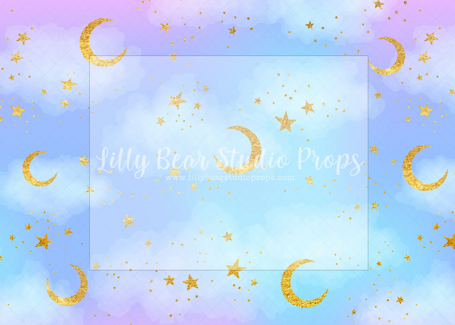 Pastel & Gold Starry Sky - Lilly Bear Studio Props, blue, clouds, colours, dr.seuss, Fabric, FABRICS, galaxy, galaxy sky, galaxy space, girl balloons, gold, gold moon, gold moon and stars, gold stars, hot air balloons, outerspace, purple and blue, sky, stars, up and away, Wrinkle Free Fabric