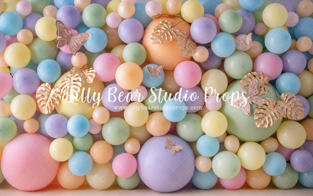 Pastels, Palms & Butterflies - Lilly Bear Studio Props, butterflies, butterfly, butterfly balloons, butterfly colours, butterfly flowers, cake smash, gold, gold butterflies, gold leaves, gold palms, leaves, pastel, pastel balloon wall, pastel balloons, pastel blue, pastel green, pastel orange, pastel pink, pastel purple, pastel rainbow, pastel wall, pastel yellow