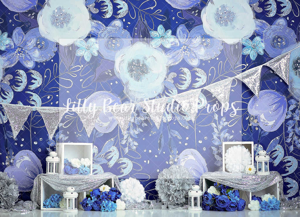 FLEUR D'BLEU - Lilly Bear Studio Props, blue and silver, blue floral, blue flowers, doors, floral, floral and lace, floral garden, girl blue, girls, girls birthday, glitter silver, lantern, Wrinkle Free Fabric