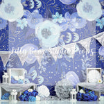 FLEUR D'BLEU - Lilly Bear Studio Props, blue and silver, blue floral, blue flowers, doors, floral, floral and lace, floral garden, girl blue, girls, girls birthday, glitter silver, lantern, Wrinkle Free Fabric