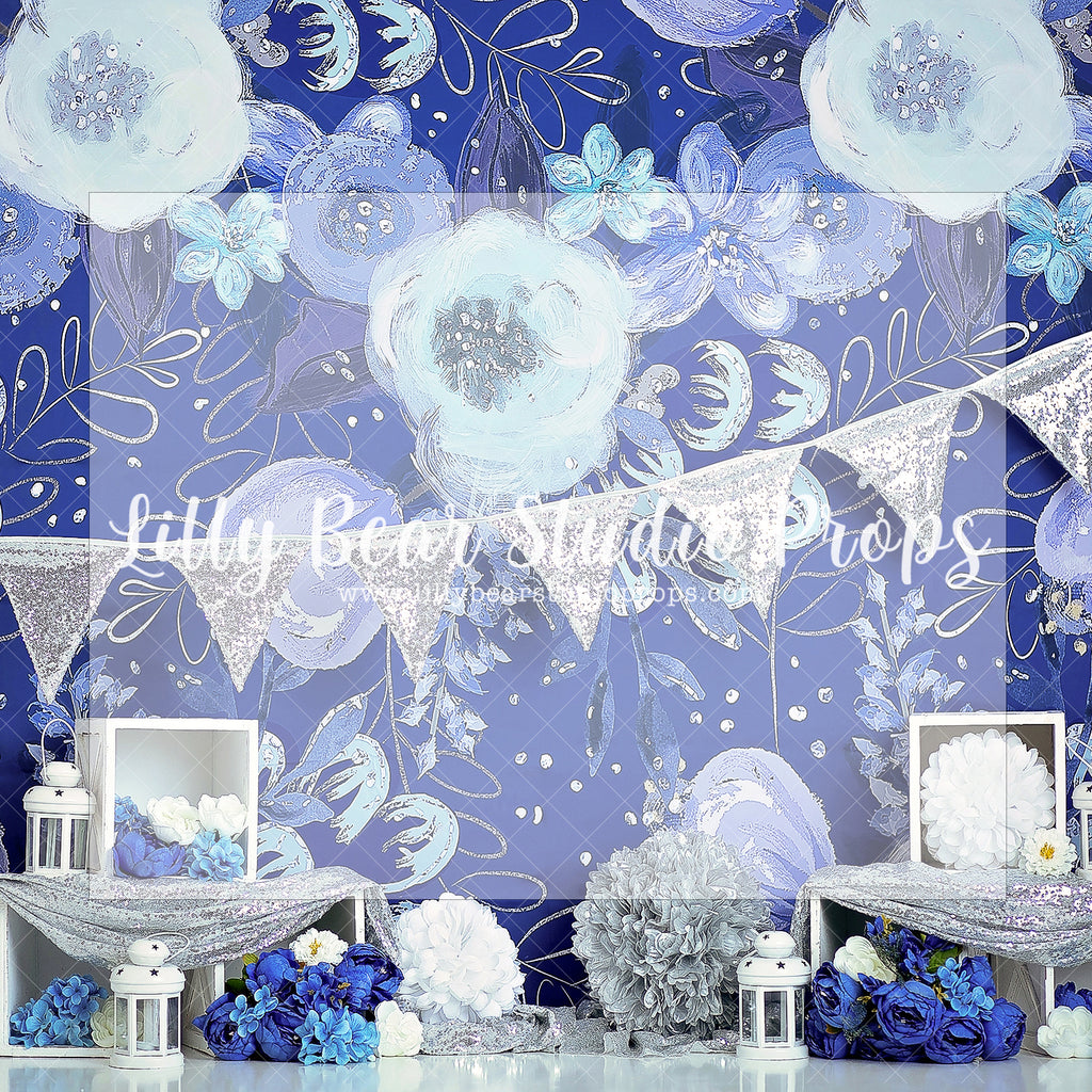 FLEUR D'BLEU - Lilly Bear Studio Props, blue and silver, blue floral, blue flowers, doors, floral, floral and lace, floral garden, girl blue, girls, girls birthday, glitter silver, lantern, Wrinkle Free Fabric