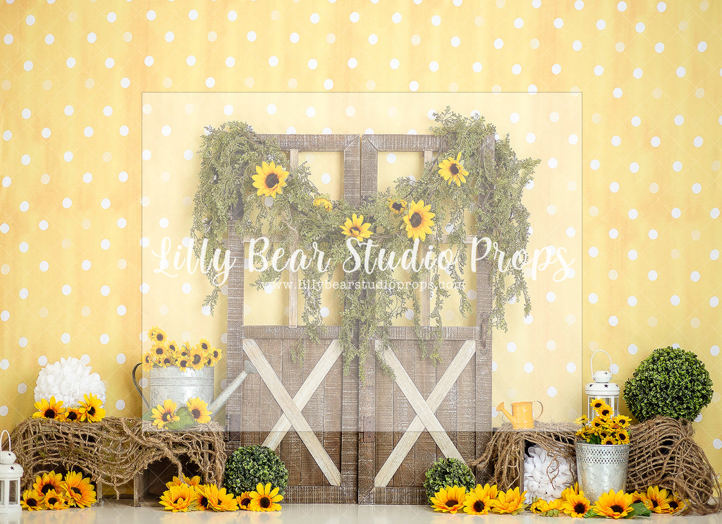 IN FULL BLOOM - Lilly Bear Studio Props, daisies, doors, floral, floral and lace, floral garden, girls, lantern, polka dots, sunflower, sunflowers, Wrinkle Free Fabric, yellow daisies, yellow polka dots, yellow polka dotts
