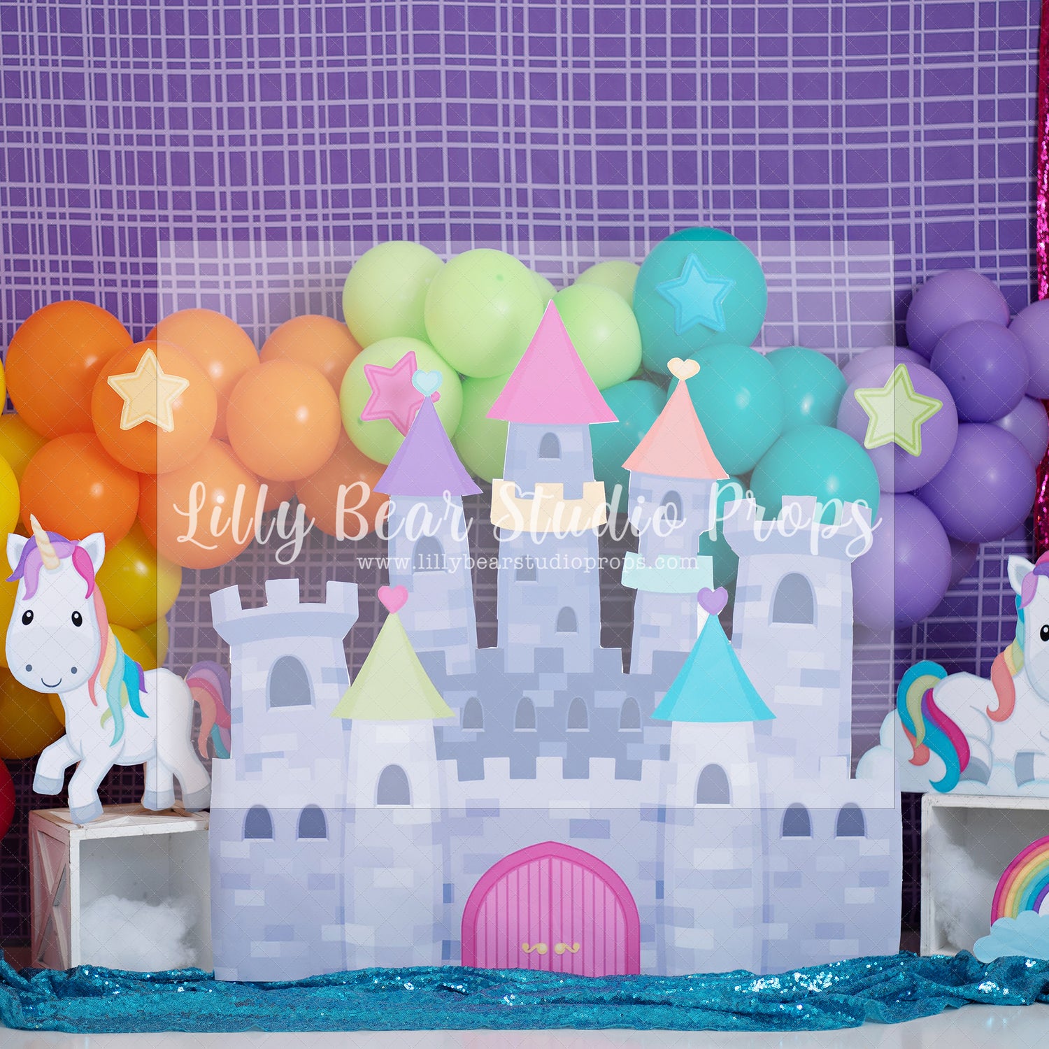 Unicorn Palace - Lilly Bear Studio Props, Fabric, glitter, little princess, pink, pink and silver, pink gold and teal, pink purple teal, pretty little princess, pretty princess, princess, princess cake smash, princess castle, princess party, princess wall, princesses, purple teal, teal, unicorn land, Wrinkle Free Fabric