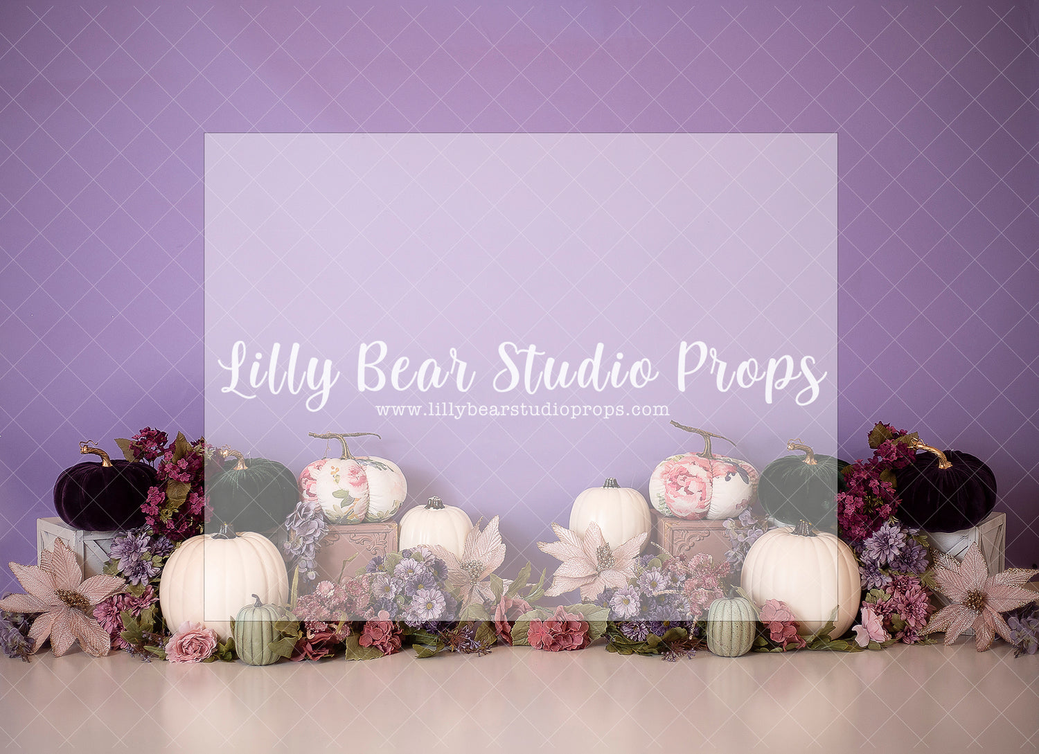 PUMPKINS ON PURPLE - Lilly Bear Studio Props, floral pumpkin, girl pumpkin, girls, girls birthday, lil pumpkin, little pumpkin, my little pumpkin, our little pumpkin, pink pumpkin, purple pumpkin, white pumpkin, Wrinkle Free Fabric