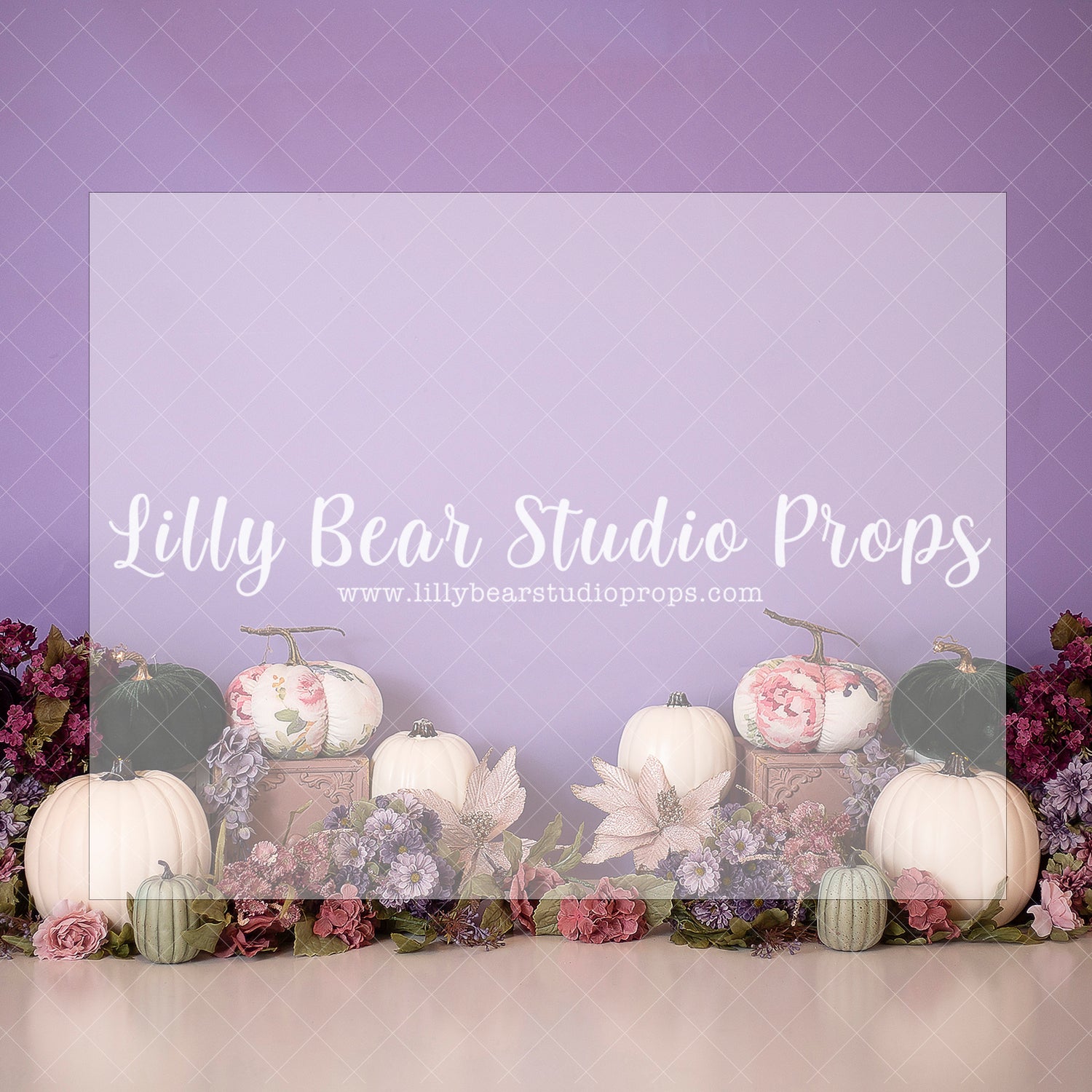 PUMPKINS ON PURPLE - Lilly Bear Studio Props, floral pumpkin, girl pumpkin, girls, girls birthday, lil pumpkin, little pumpkin, my little pumpkin, our little pumpkin, pink pumpkin, purple pumpkin, white pumpkin, Wrinkle Free Fabric