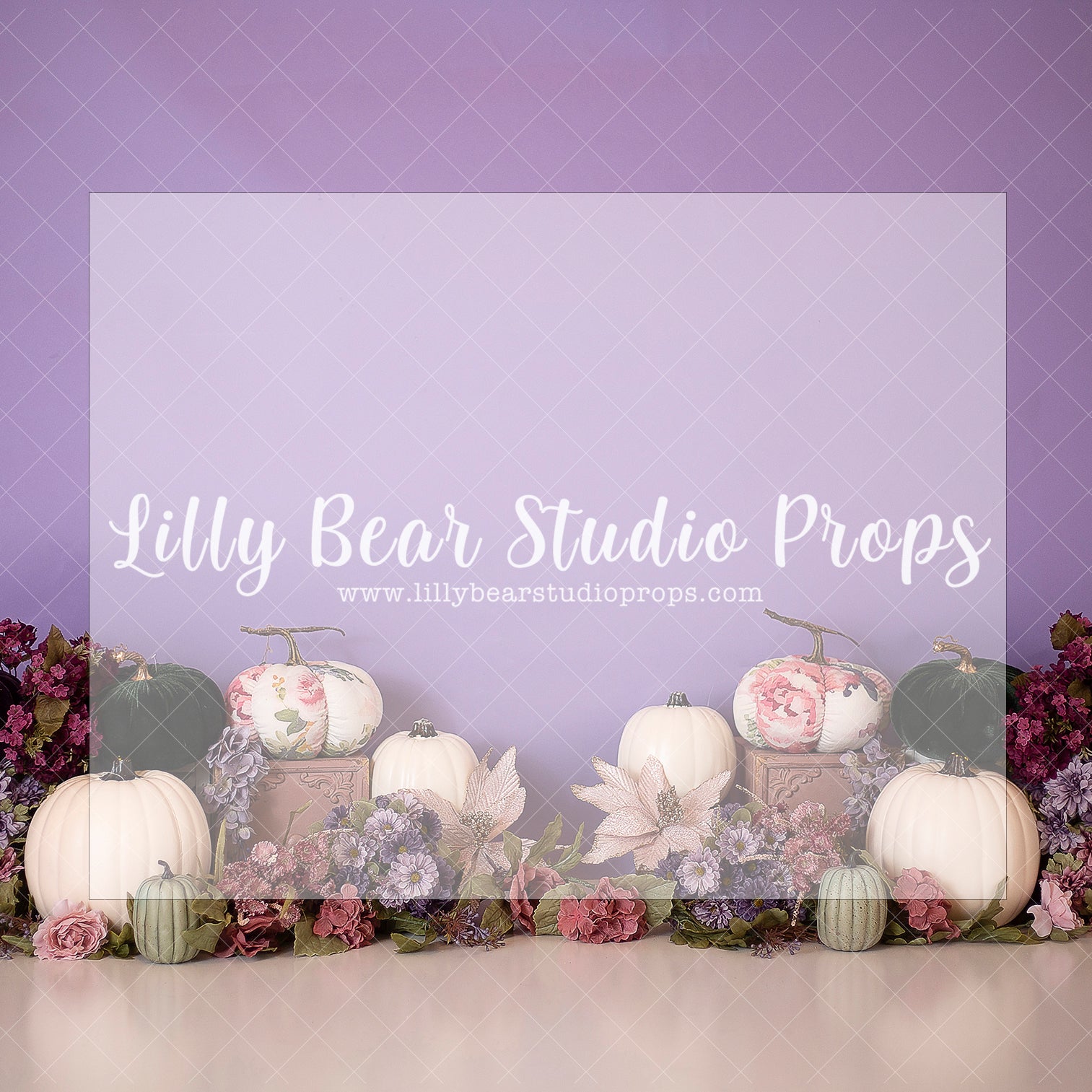 PUMPKINS ON PURPLE - Lilly Bear Studio Props, floral pumpkin, girl pumpkin, girls, girls birthday, lil pumpkin, little pumpkin, my little pumpkin, our little pumpkin, pink pumpkin, purple pumpkin, white pumpkin, Wrinkle Free Fabric