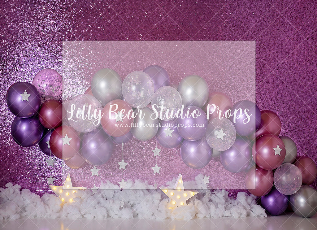 PURPLE SHIMMER BIRTHDAY BASH - Lilly Bear Studio Props, girl balloon garland, girl garland, glitter purple, metallic purple, metallic purple balloons, pink, pink and purple, Wrinkle Free Fabric