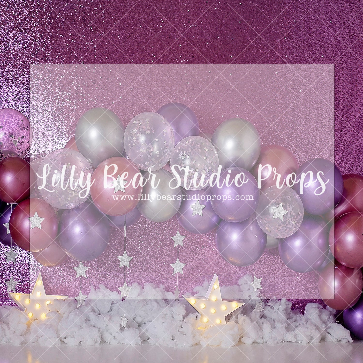 PURPLE SHIMMER BIRTHDAY BASH - Lilly Bear Studio Props, girl balloon garland, girl garland, glitter purple, metallic purple, metallic purple balloons, pink, pink and purple, Wrinkle Free Fabric