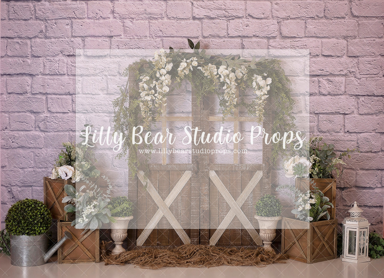 VIOLET SPRING BLOOMS - Lilly Bear Studio Props, barn doors, doors, floral, floral and lace, floral garden, floral garland, garden garland, garden tea party, girls, girls birthday, green garland, lantern, peach flowers, pink flowers, spanish moss, tea party, water can, watering can, Wrinkle Free Fabric