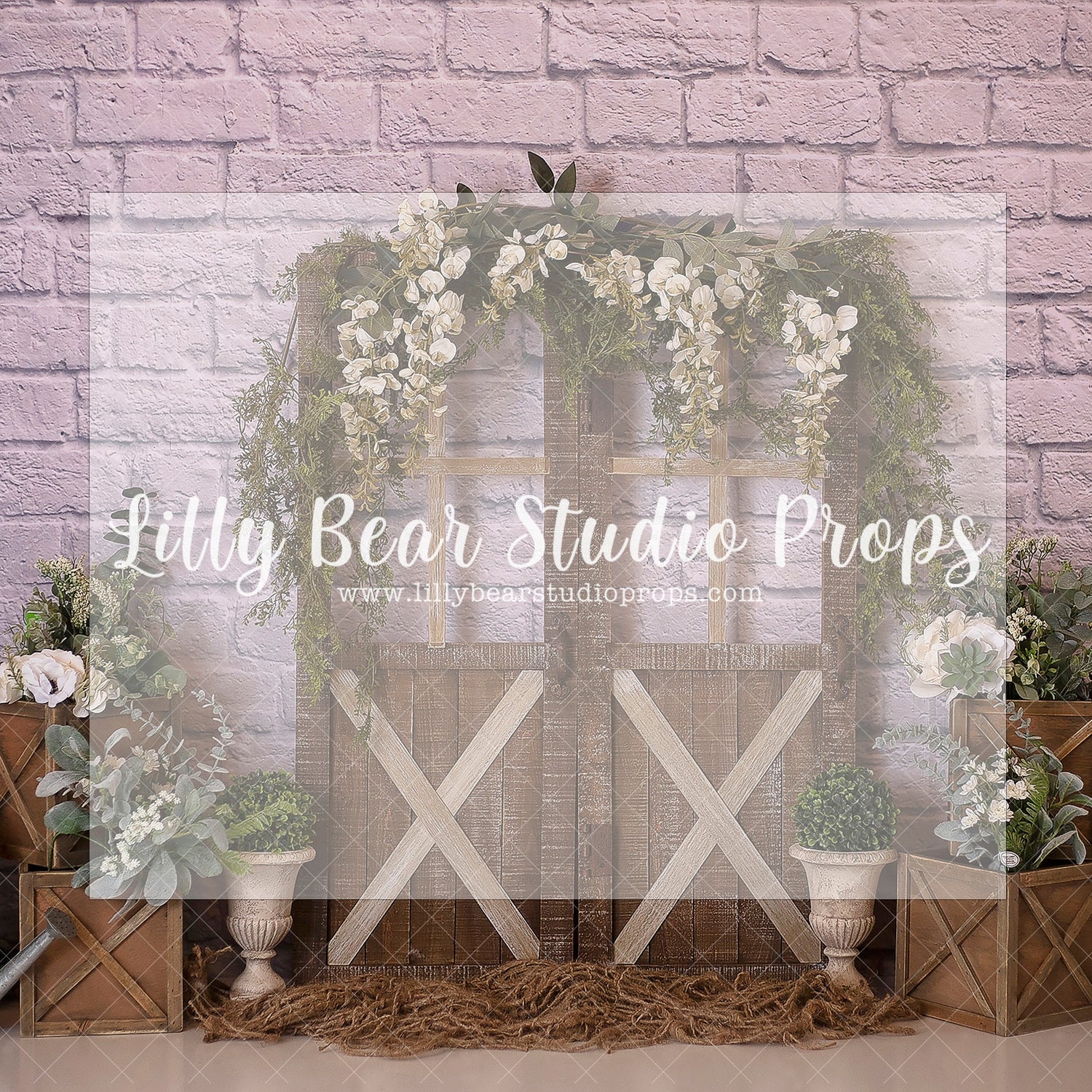 VIOLET SPRING BLOOMS - Lilly Bear Studio Props, barn doors, doors, floral, floral and lace, floral garden, floral garland, garden garland, garden tea party, girls, girls birthday, green garland, lantern, peach flowers, pink flowers, spanish moss, tea party, water can, watering can, Wrinkle Free Fabric