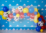 Andy's Party - Lilly Bear Studio Props, andy's room, buzz lightyear, clouds, crown moulding, Fabric, forky, gabby gabby, jessie, kids play room, kids room, little bo-peep, moulding, mr. potato head, play room, potato head, sheriff woody, sky, slinky dog, toy story, toy story buzz lightyear, toy story woody, woody, Wrinkle Free Fabric