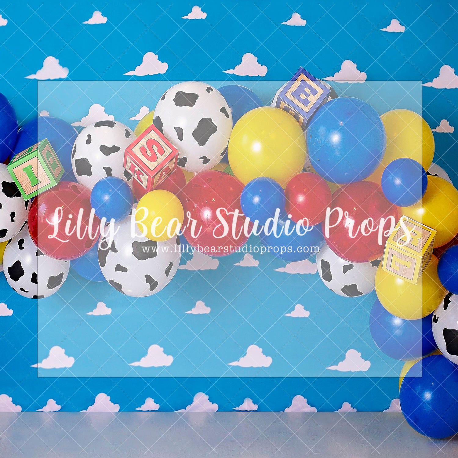 Andy's Party - Lilly Bear Studio Props, andy's room, buzz lightyear, clouds, crown moulding, Fabric, forky, gabby gabby, jessie, kids play room, kids room, little bo-peep, moulding, mr. potato head, play room, potato head, sheriff woody, sky, slinky dog, toy story, toy story buzz lightyear, toy story woody, woody, Wrinkle Free Fabric