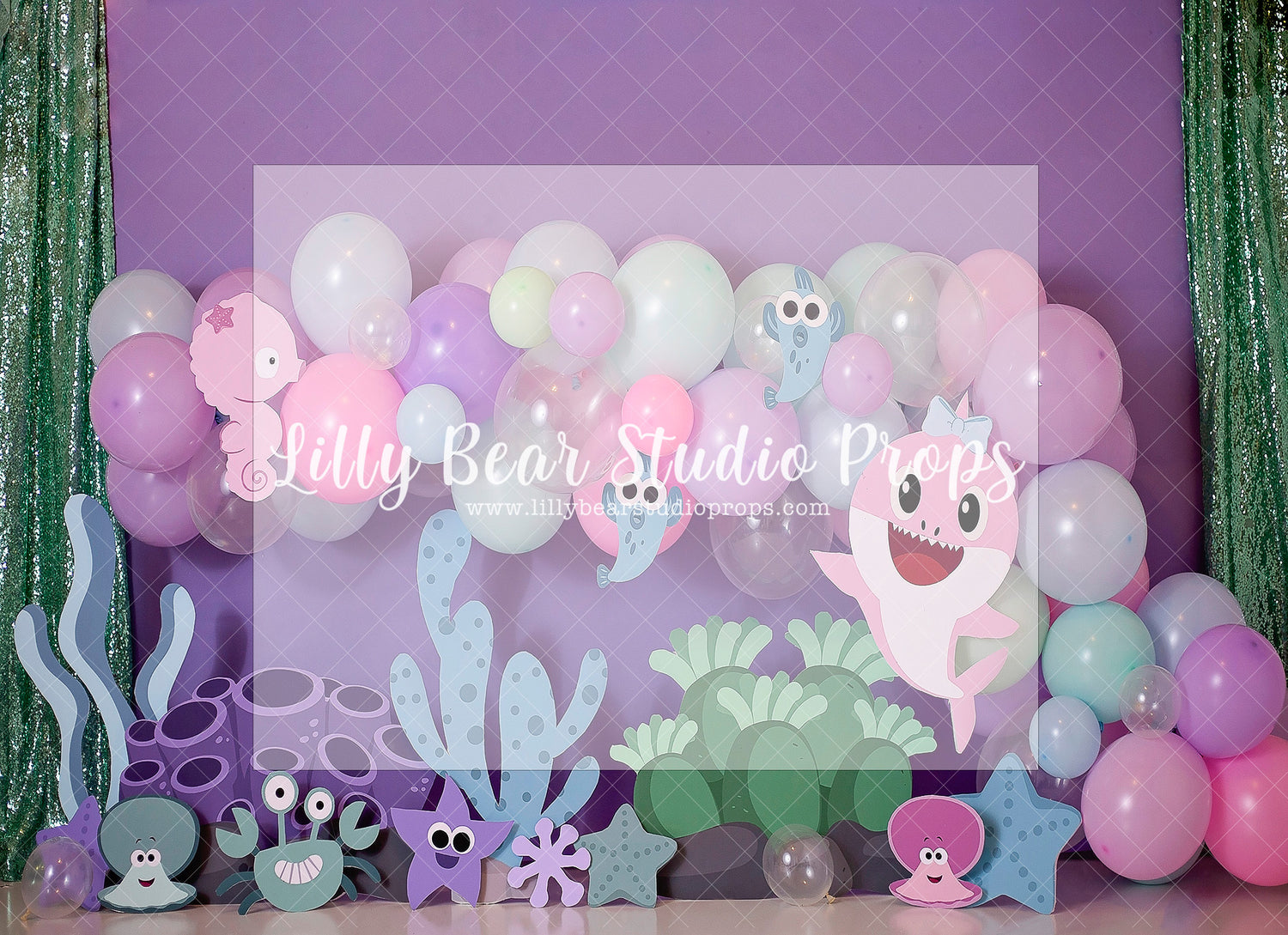 Baby Sharky And Friends - Lilly Bear Studio Props, baby girl shark, baby shark, baby shark balloon, blue balloons, coral, coral reef, coral sand, Fabric, girl shark, jaws, mommy shark, ocean, pink shark, shark, shark baby, shark girl, sharks, sharky, under the ocean, under the sea, under the sea girl, under water, undersea, underwater, underwater bubbles, Wrinkle Free Fabric