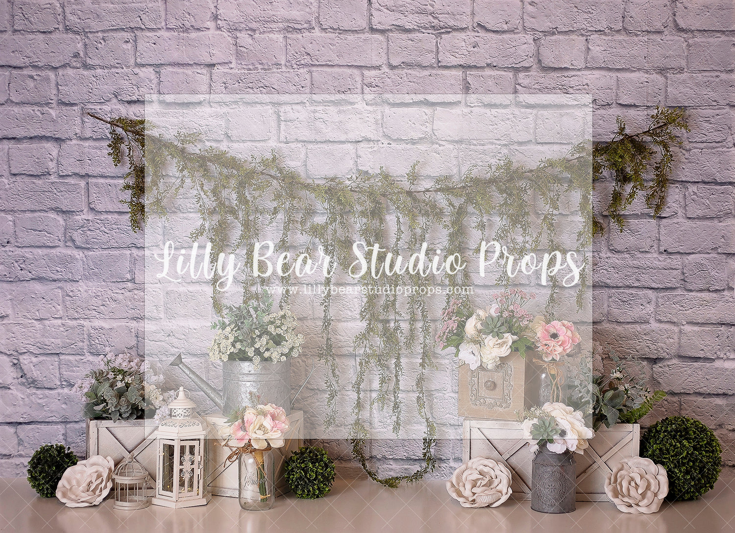 LAVENDER BRICK AND PETALS - Lilly Bear Studio Props, floral, floral and lace, floral garden, garden tea party, girls, girls birthday, glitter, green garland, lantern, peach flowers, pink flowers, spanish moss, tea party, water can, watering can, Wrinkle Free Fabric, yellow daisies
