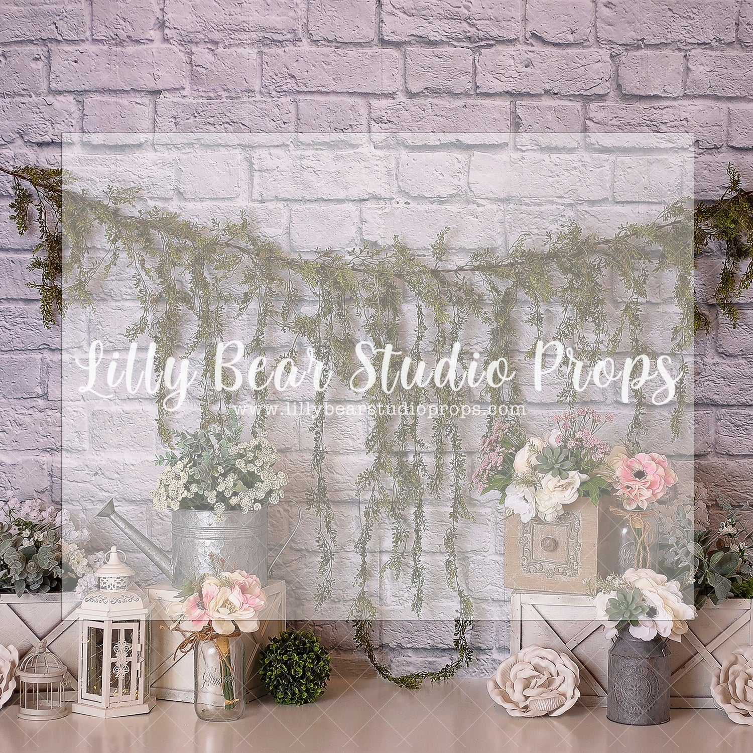 LAVENDER BRICK AND PETALS - Lilly Bear Studio Props, floral, floral and lace, floral garden, garden tea party, girls, girls birthday, glitter, green garland, lantern, peach flowers, pink flowers, spanish moss, tea party, water can, watering can, Wrinkle Free Fabric, yellow daisies